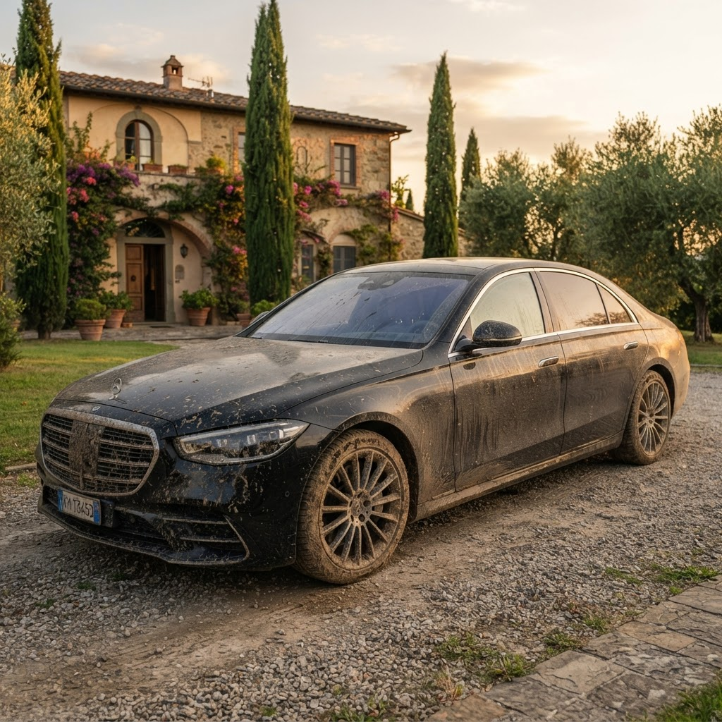 Luxury sedan exterior before and after a full detail — before