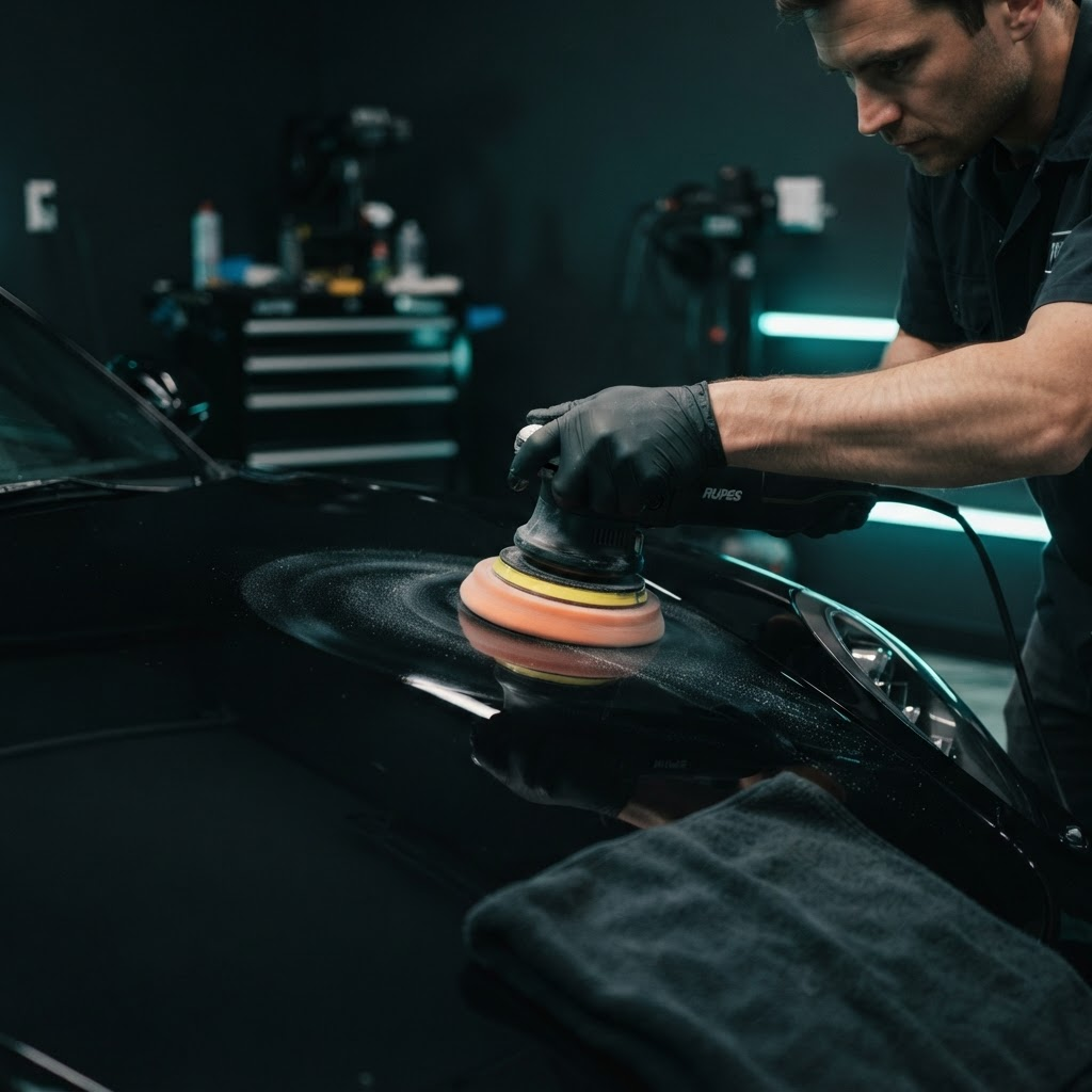 Detailer machine-polishing a glossy dark car hood during paint correction